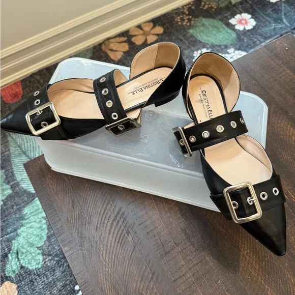 Vero Cuoio Black Leather Pointed Flats with Silver Buckles Made in Italy 9.5 - Picture 8 of 12